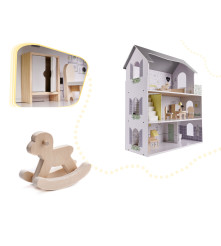 Casa de papusi din lemn cu mobilier inclus, 70cm, gri