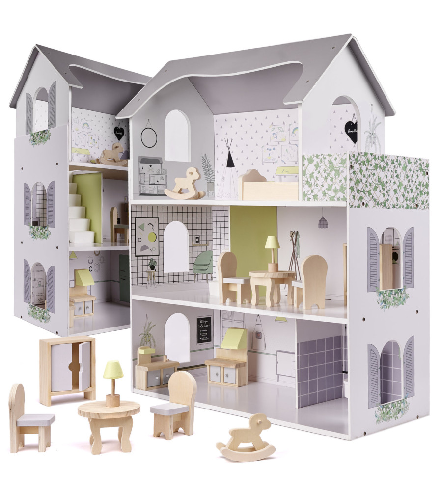 Casa de papusi din lemn cu mobilier inclus, 70cm, gri