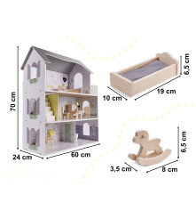 Casa de papusi din lemn cu mobilier inclus, 70cm, gri