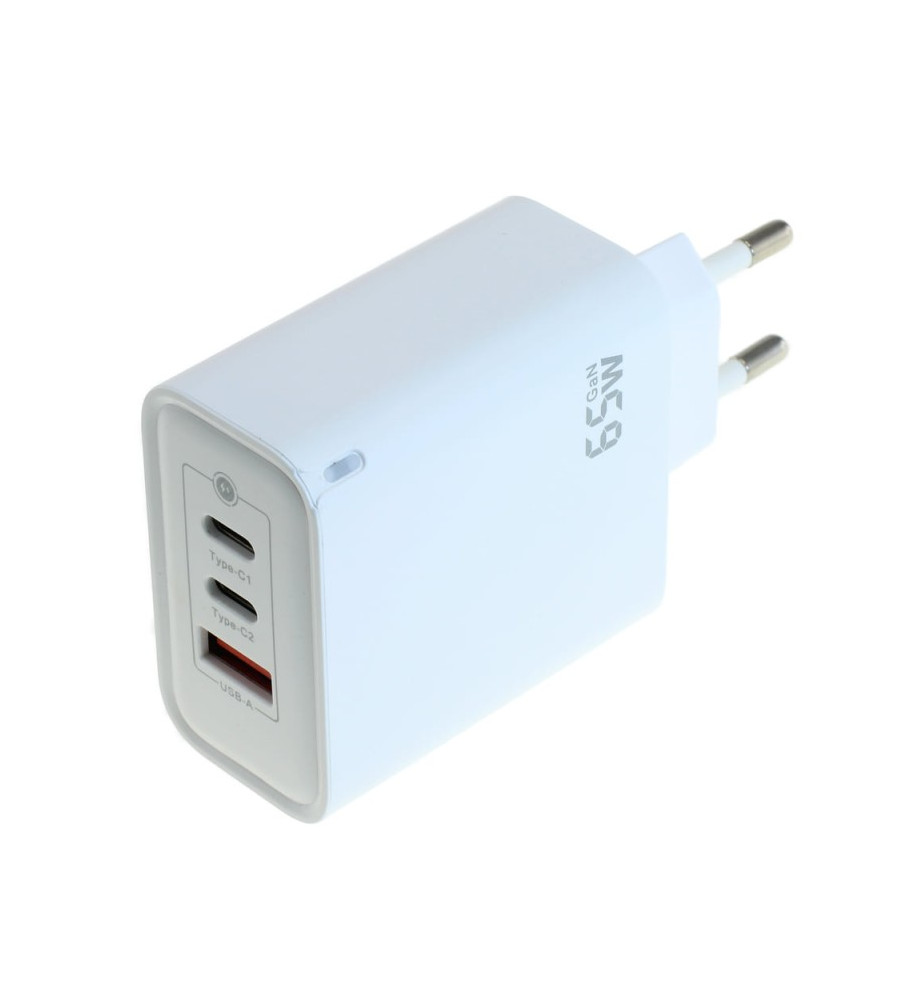 &Icirc;ncărcător OTB USB GaN (2xUSB-C + 1xUSB-A) cu USB Power Delivery USB-PD - 3 porturi - 65W - alb