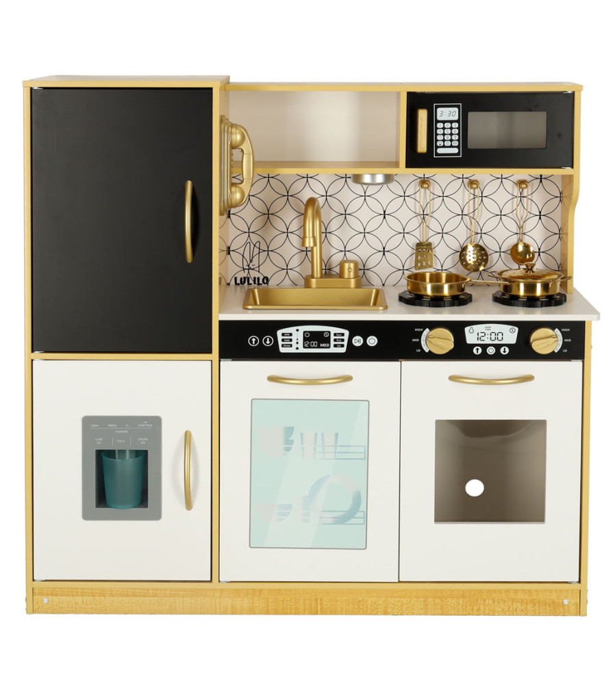 Bucatarie de Jucarie din Lemn, Complet Utilata cu Lumini si Sunete – Alb cu Crem, 82x24x81 cm