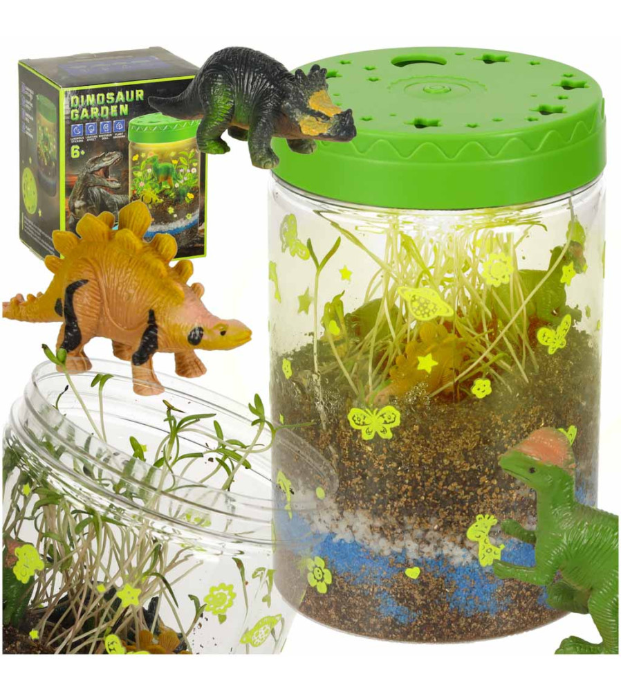 Kit de terariu cu lumini LED pentru copii, 3 dinozauri, accesorii incluse, 10 x 10 x 16 cm
