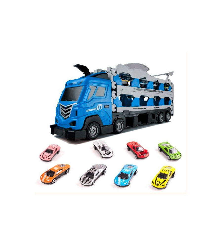 Camion jucarie cu 6 masinute, lansator, lungime 2 m albastru