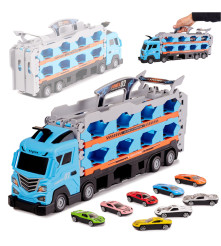 Camion jucarie cu 6 masinute, lansator, lungime 2 m albastru