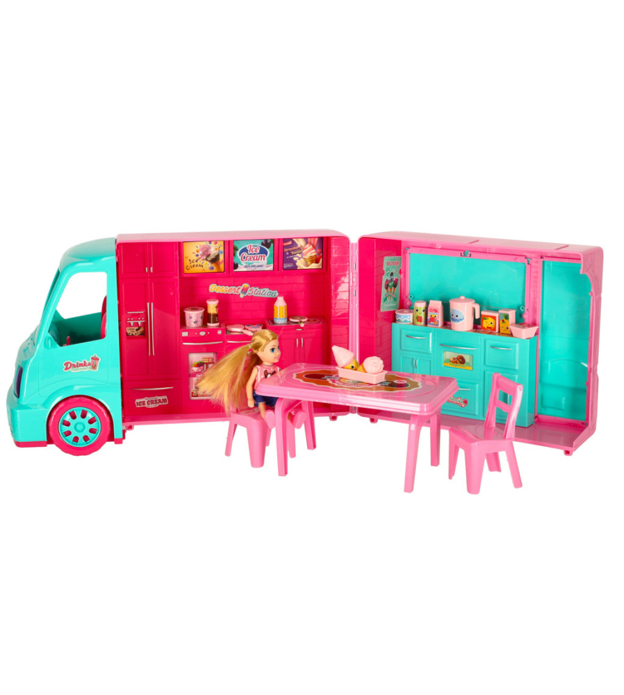 Rulota tip food truck cu 21 elemente, pentru papusi 38 x 21 x 14.5 cm