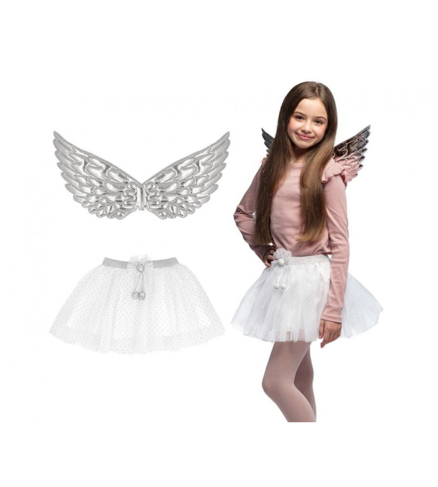 Set costum îngeras argintiu (aripi și fustă de balet), marime universala