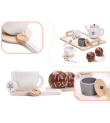 Set de ceai din lemn pentru copii, Montessori, joc de rol, accesorii incluse, crem cu maro
