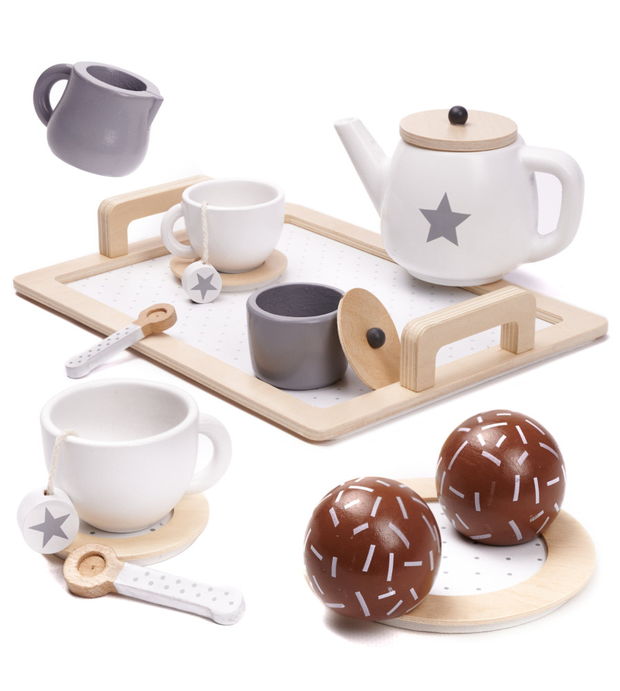 Set de ceai din lemn pentru copii, Montessori, joc de rol, accesorii incluse, crem cu maro