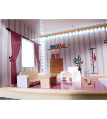 Casa de papusi din lemn MDF cu mobilier, 78cm, lumina LED