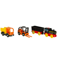 Set pista de curse din 55 de piese, trenulet cu sina, masini de constructii si accesorii
