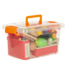 Set chiuveta si plita de jucarie cu accesorii legume si fructe de taiat asortate in cutie de depozitare