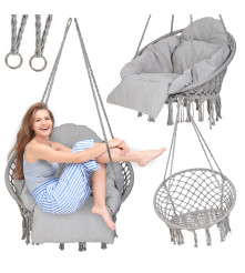 Leagan Tip cuib , Rotund, Suspendat, cu perna XXL si spatar, Pentru Casa Sau Gradina, gri, 120 kg