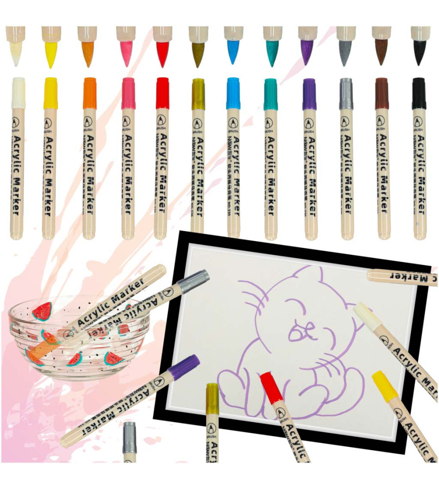 Set 12 markere acrilice impermeabile pentru pictat tesaturi si alte suprafete, multicolor