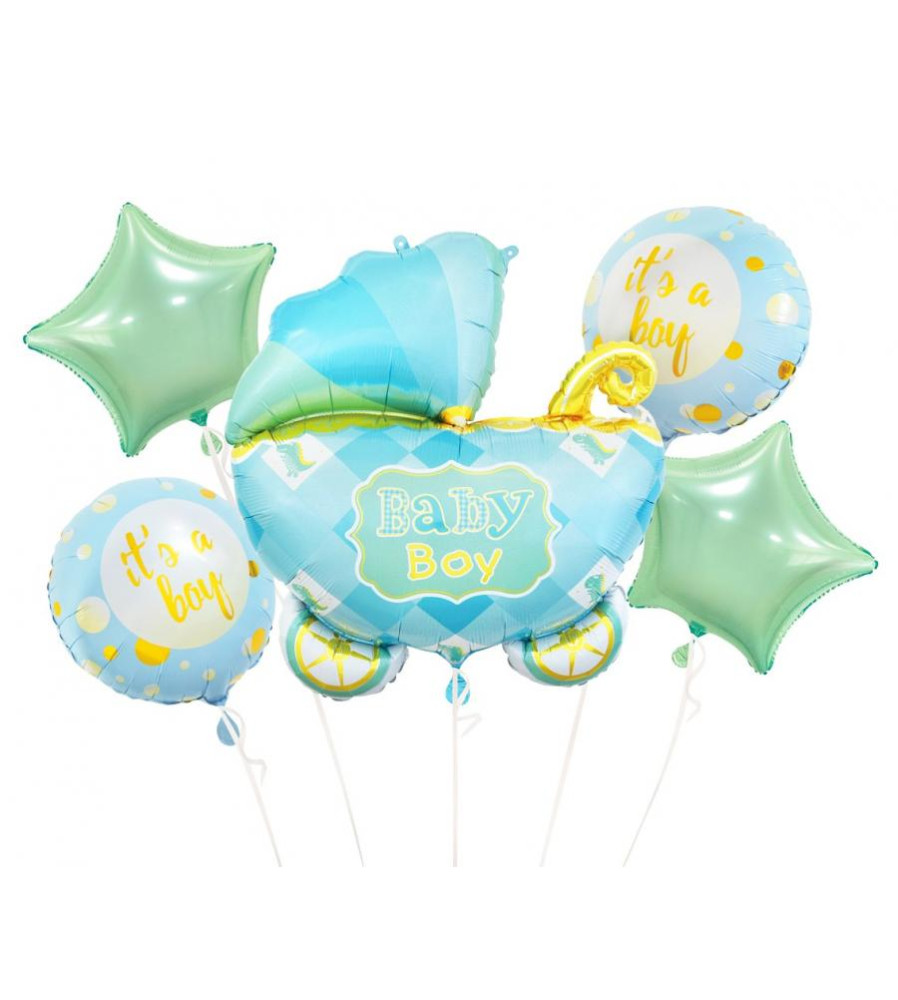 Set 5 baloane folie Baby Carriage pentru petrecerea baby shower, albastru -verde
