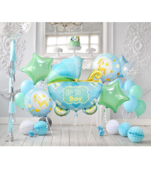 Set 5 baloane folie Baby Carriage pentru petrecerea baby shower, albastru -verde