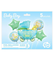 Set 5 baloane folie Baby Carriage pentru petrecerea baby shower, albastru -verde