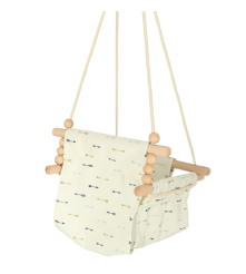 Leagan pentru copii si bebelusi, cu inaltime reglabila, cadru din lemn masiv si material textil, dimensiuni 28 x 37 x 29 cm
