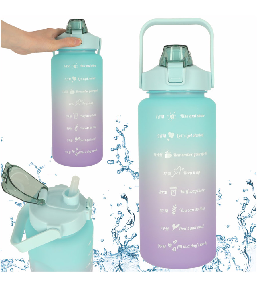 Sticla de apa pentru sport sau fitness, cu marcaj de timp si paie, motivtionala, 2000ml, multicolor