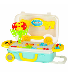 Set de construit 258 piese cu blocuri, surubelnita, suruburi colorate si cutie de depozitare in forma de troler cu roti
