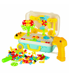 Set de construit 258 piese cu blocuri, surubelnita, suruburi colorate si cutie de depozitare in forma de troler cu roti