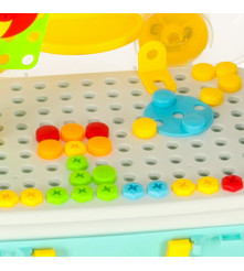 Set de construit 258 piese cu blocuri, surubelnita, suruburi colorate si cutie de depozitare in forma de troler cu roti