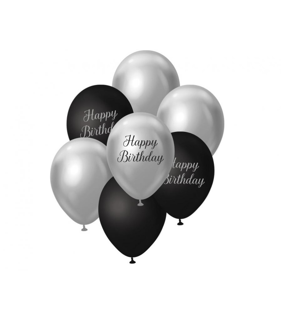 Set 7 baloane latex B&C Happy Birthday, argintiu - negru, 30 cm