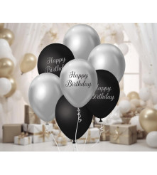 Set 7 baloane latex B&C Happy Birthday, argintiu - negru, 30 cm