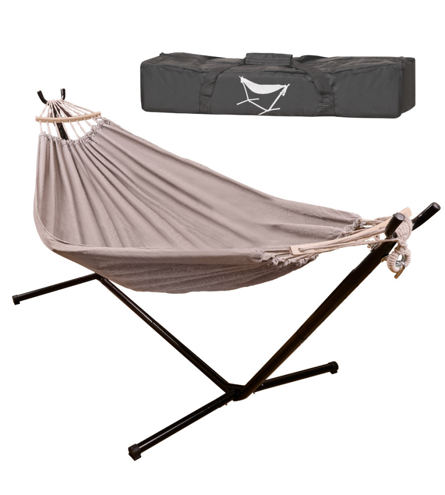 Hamac dublu de gradina sau camping cu cadru si husa, 200 cm, capacitate 150 kg, negru-bej