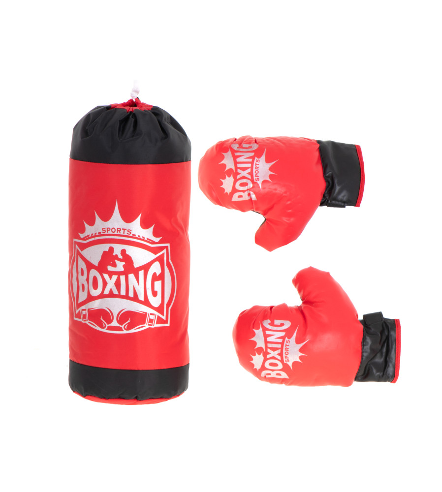 Set de box pentru copii, sac si manusi, rosu/negru