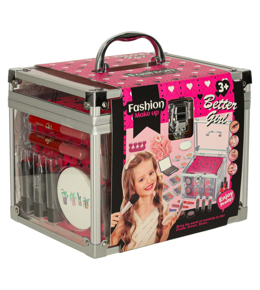 Trusa de machiaj XXL pentru fetite cu rujuri, oje, farduri, accesorii si valiza tip salon cosmetic 3+