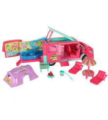 Rulota papusi cu piscina si accesorii, Set complet cu papusa, gratar, cort si mobilier camping