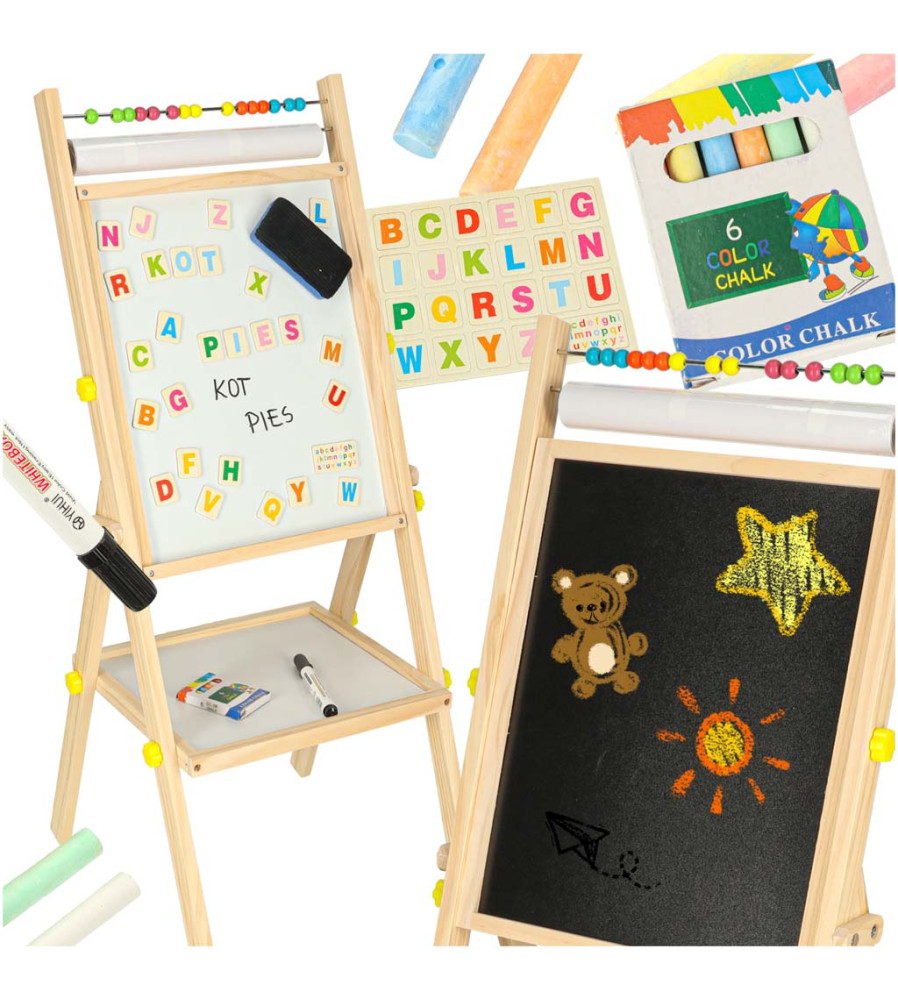 Tabla magnetica din lemn cu abac, piese magnetice, creta, marker si burete, 90 cm