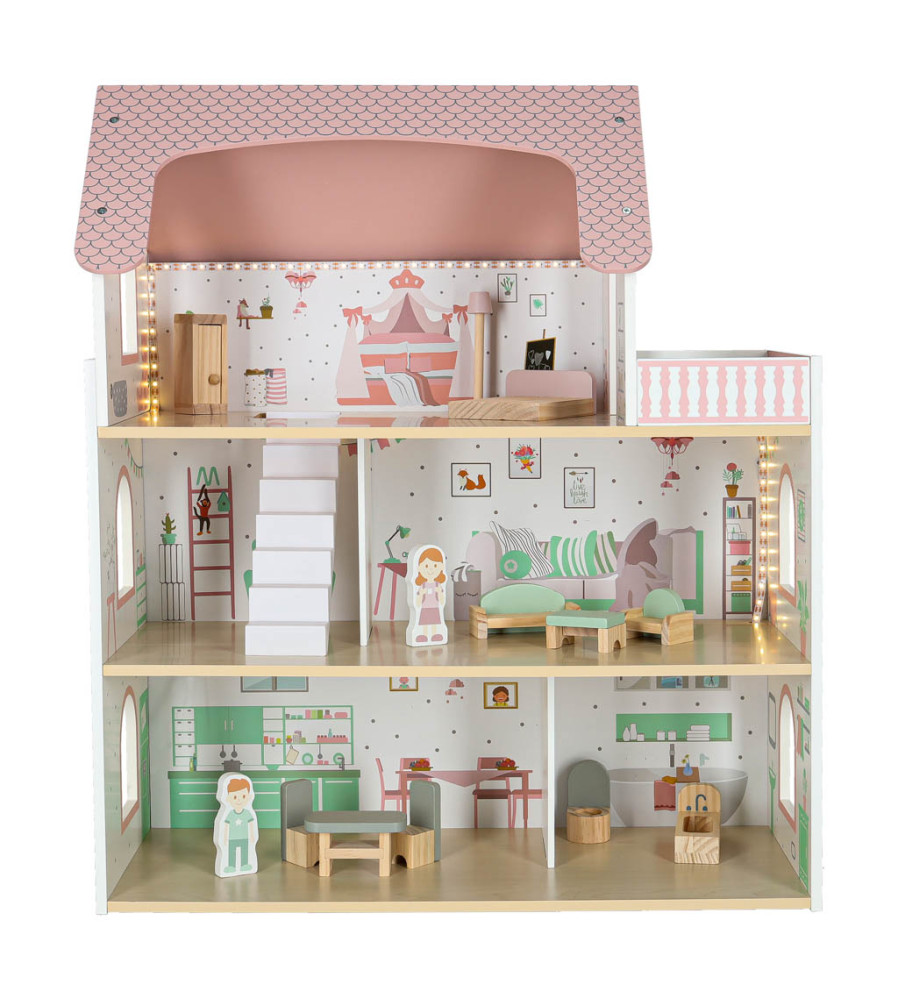 Casuta Papusi din Lemn Lulilo Peonio Dollhouse 70cm cu LED