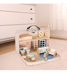 Casa de papusi in valiza cu mobilier din lemn