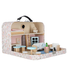 Casa de papusi in valiza cu mobilier din lemn