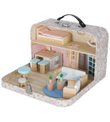 Casa de papusi in valiza cu mobilier din lemn
