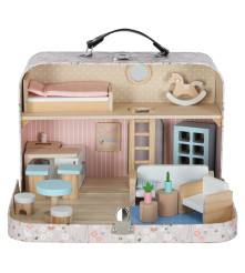 Casa de papusi in valiza cu mobilier din lemn