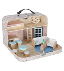 Casa de papusi in valiza cu mobilier din lemn