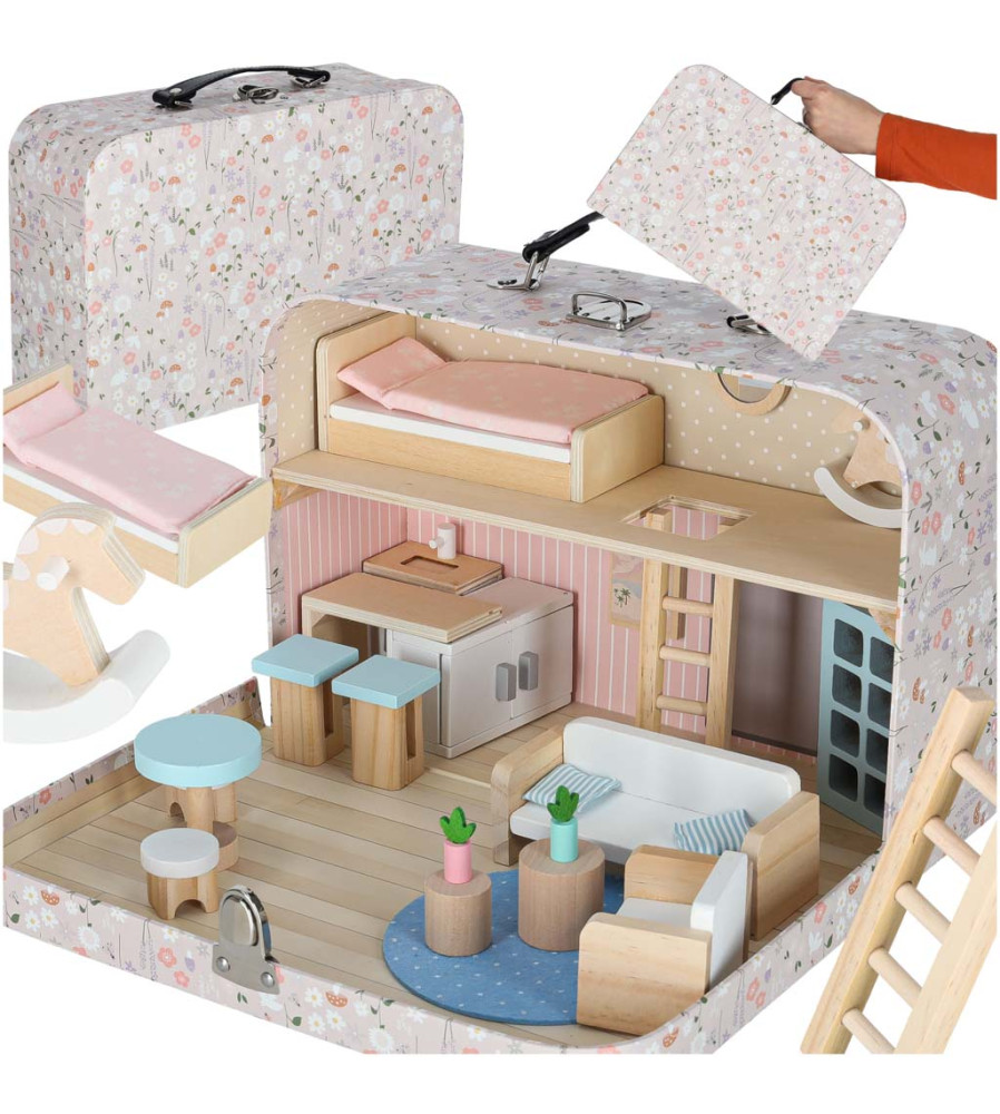 Casa de papusi in valiza cu mobilier din lemn