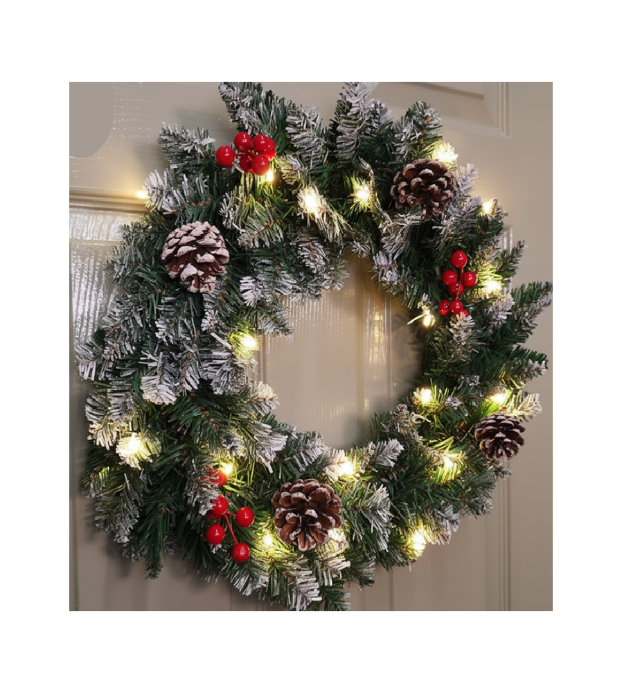 Coronita Decorativa Craciun 40cm Cu 20 LED-uri Calde, Conuri, Fructe Rosii si Zapada Artificiala