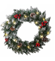 Coronita Decorativa Craciun 40cm Cu 20 LED-uri Calde, Conuri, Fructe Rosii si Zapada Artificiala
