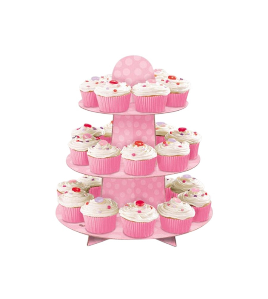 Suport cupcake pentru prajituri, 3 niveluri, Rotund, din Carton, roz pastel