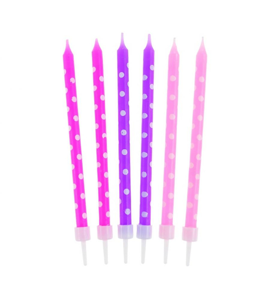 Set 24 lumanari pentru tort cu buline roz mov