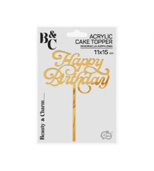Topper tort acrilic Happy Birthday auriu 11 x 15 cm