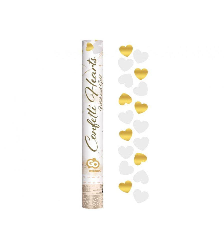 Tun confetti 40 cm inimioare aurii si albe pentru petrecere