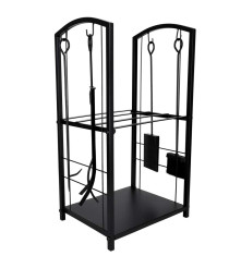 Suport metalic pentru lemne foc cu rafturi si accesorii semineu (73.5 x 39.5 x 30 cm)
