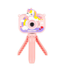 Aparat foto digital pentru copii, model Unicorn roz cu trepied 1080P