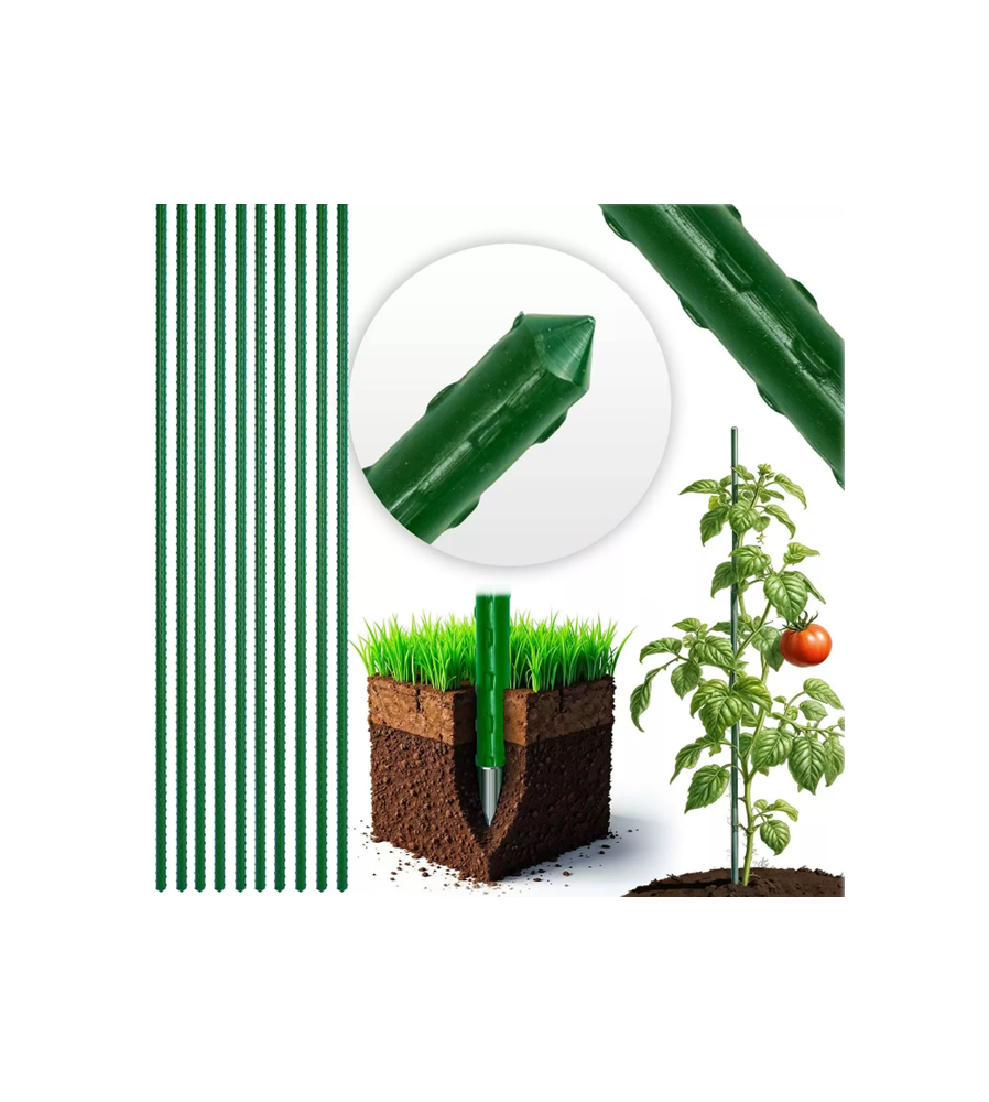 Set 10 suporți plante, araci ideal pentru rosii, castraveti, fasole, metal + PVC, verde, 120 x 1.1 cm
