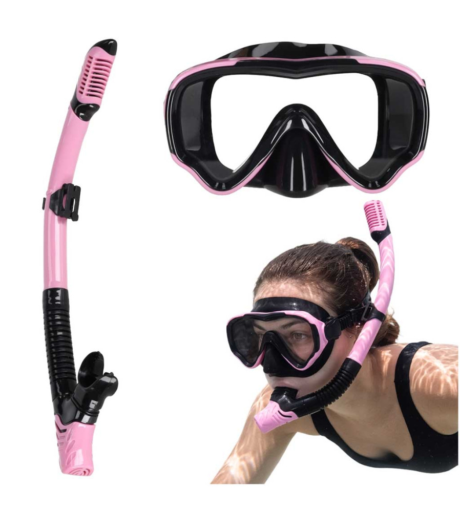 Set Snorkeling Masca si Tub Roz Negru cu Sticla Temperata