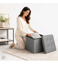 Taburet Pliabil Gri cu Spatiu de Depozitare 39L Piele Ecologica 38x38x36 cm